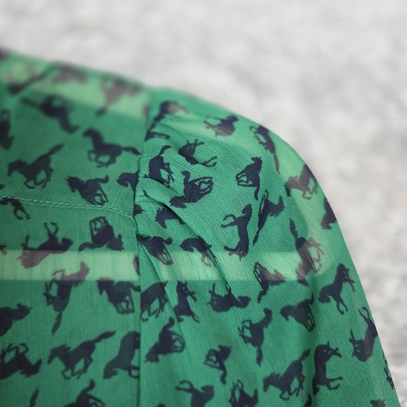 Sheer Green Navy Horse Print Chiffon V-Neck Tie Top 3/4 Sleeves Xhilaration S - Picture 9 of 9